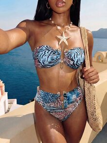 SHEIN Swim 性感渐变豹纹金色配饰抹胸比基尼套装，夏季度假 - 彩色 - 查看 1