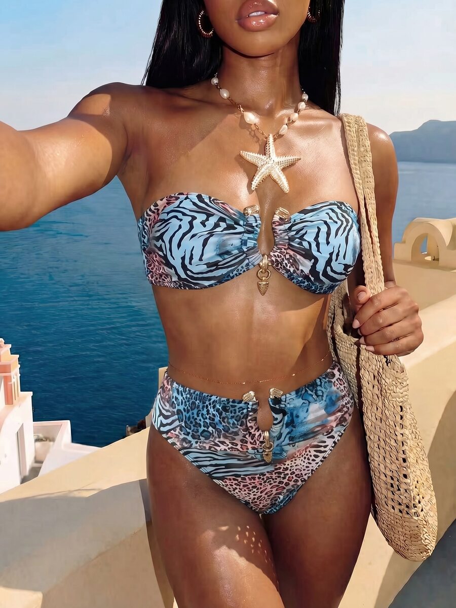 SHEIN Swim 性感渐变豹纹金色配饰抹胸比基尼套装,夏季度假 - 彩色 - 查看 1