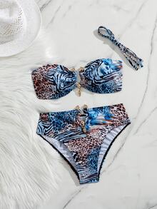 SHEIN Swim 性感渐变豹纹金色配饰抹胸比基尼套装，夏季度假 - 彩色 - 查看 2