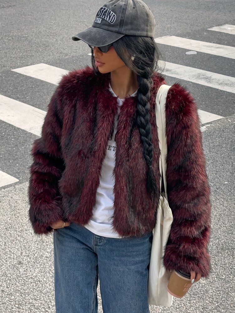 Muchica Plus Size Streetwear Faux Fur Long Sleeve Thick Coat Winter - Burgundy - View 3