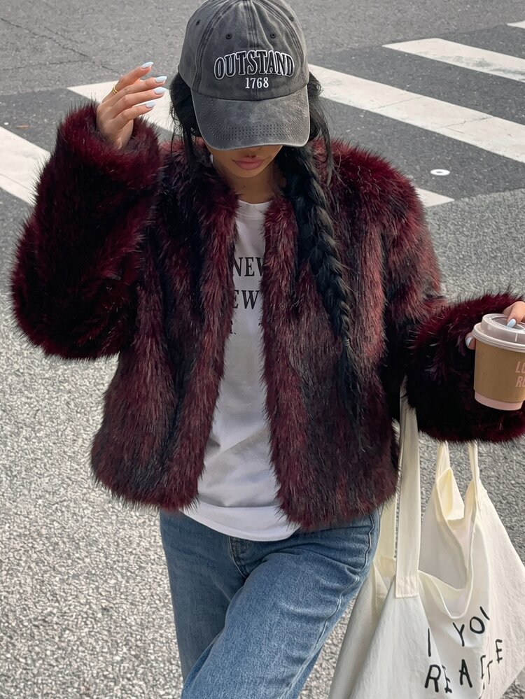 Muchica Plus Size Streetwear Faux Fur Long Sleeve Thick Coat Winter - Burgundy - View 6