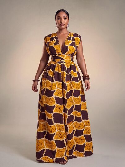 Veslaya Plus Size Women's Yellow Summer Boho Vacation African Print V-Neck Sleeveless V-Split Flared Hem Knee-Length Dress,Elegant Party Wedding Guest Gown