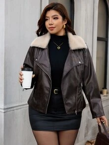 Reflora Plus Size Women's Long Sleeve Zipper Front Fur Collar PU Leather Biker Jacket - Coffee Brown - View 8