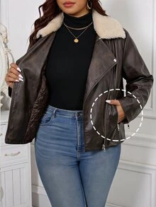 Reflora Plus Size Women's Long Sleeve Zipper Front Fur Collar PU Leather Biker Jacket - Coffee Brown - View 10