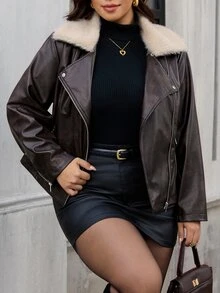 Reflora Plus Size Women's Long Sleeve Zipper Front Fur Collar PU Leather Biker Jacket - Coffee Brown - View 6