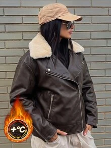 Reflora Plus Size Women's Long Sleeve Zipper Front Fur Collar PU Leather Biker Jacket - Coffee Brown - View 1