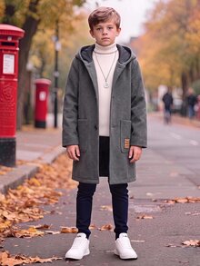 SHEIN Kids Tween Boy Casual College Style Mid-Weight Woven Overcoat, Suitable For Autumn And Winter, Perfect For Outdoor Play, School, Street Style, Parties And Home Leisure, Great Value - Dark Grey - View 3