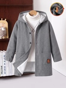 SHEIN Kids Tween Boy Casual College Style Mid-Weight Woven Overcoat, Suitable For Autumn And Winter, Perfect For Outdoor Play, School, Street Style, Parties And Home Leisure, Great Value - Dark Grey - View 4