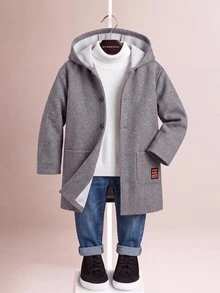 SHEIN Kids Tween Boy Casual College Style Mid-Weight Woven Overcoat, Suitable For Autumn And Winter, Perfect For Outdoor Play, School, Street Style, Parties And Home Leisure, Great Value - Dark Grey - View 2