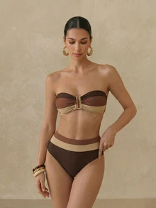 SHEIN Swim 女士色塊無肩帶胸圍＆遊泳下褲性感比基尼套裝，適用於假日夏季海灘 - 彩色 - 查看 2