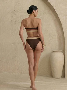 SHEIN Swim 女士色塊無肩帶胸圍＆遊泳下褲性感比基尼套裝，適用於假日夏季海灘 - 彩色 - 查看 5