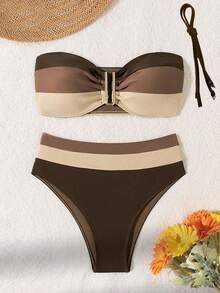 SHEIN Swim 女士色塊無肩帶胸圍＆遊泳下褲性感比基尼套裝，適用於假日夏季海灘 - 彩色 - 查看 1