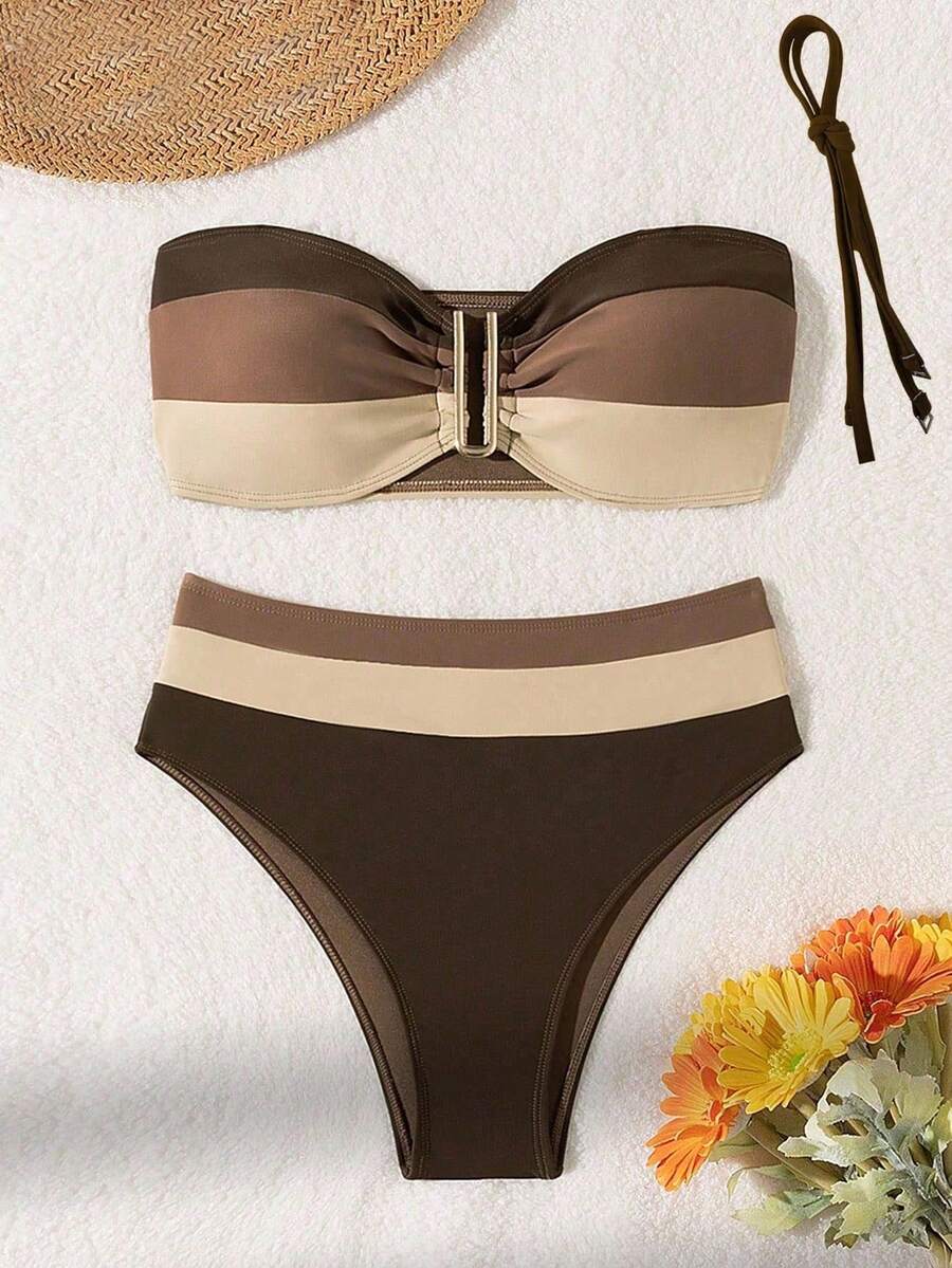 SHEIN Swim 女士色塊無肩帶胸圍&遊泳下褲性感比基尼套裝,適用於假日夏季海灘 - 彩色 - 查看 1