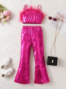 SHEIN 青少年女孩長袖抓絨秋季套裝 2件組 毛絨飾邊細肩帶上衣與喇叭褲，秋季、冬季、休閒穿搭 - 玫紅色 - 查看 2