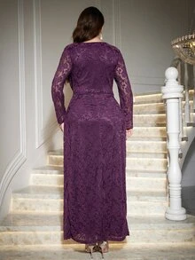 Reflora Plus Size Elegant Solid Color Lace Party Dress - Purple - View 3