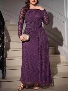 Reflora Plus Size Elegant Solid Color Lace Party Dress - Purple - View 11