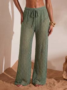 Swim Chiccia 女士提花面料串珠纯色抽绳阔腿沙滩裤，春夏款，海滩度假 - 綠色 - 查看 3
