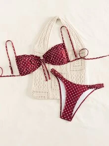 Swim Mod Bikini Motif Polkadot, Pakaian Renang Seksi untuk Pantai dengan Tali Bahu yang Dapat Diatur untuk Wanita, Musim Semi/Panas - Merah - View 4