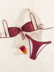 Swim Mod Bikini Motif Polkadot, Pakaian Renang Seksi untuk Pantai dengan Tali Bahu yang Dapat Diatur untuk Wanita, Musim Semi/Panas - Merah - View 3