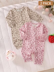 SHEIN 2件組女嬰新生兒連身衣褲套裝，可愛甜美粉色卡其豹紋蝴蝶結髮帶，長袖圓領，適合生日派對、秋季、萬聖節、聖誕節 - 粉色 - 查看 3