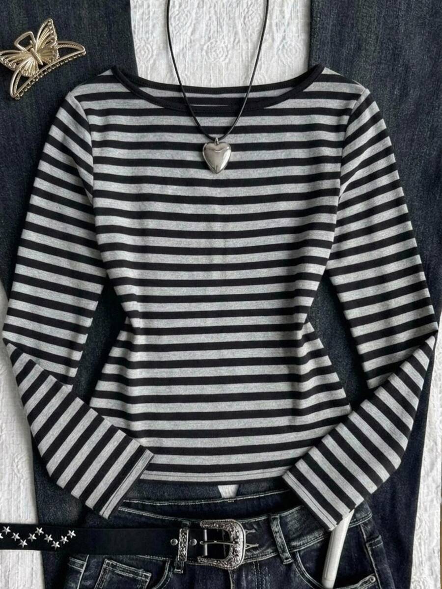 SHEIN Tween Girls Black & Grey Striped T-Shirt Casual College Style - Black - View 1