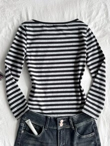 SHEIN 青少年女孩黑色與灰色條紋T恤休閒學院風 - 黑色 - 查看 4