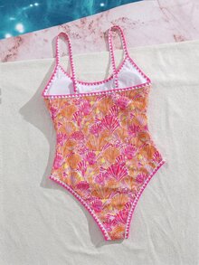 SHEIN Swim 夏季新款歐美風性感高衩紅色幸運魚印花拼接細肩帶貝殼飾邊甜美小胸聚攏雙肩帶連身泳衣，適合女性與女孩，修身顯瘦，適用溫泉、海灘、度假、生日派對 - 彩色 - 查看 2