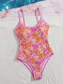SHEIN Swim 夏季新款歐美風性感高衩紅色幸運魚印花拼接細肩帶貝殼飾邊甜美小胸聚攏雙肩帶連身泳衣，適合女性與女孩，修身顯瘦，適用溫泉、海灘、度假、生日派對 - 彩色 - 查看 4