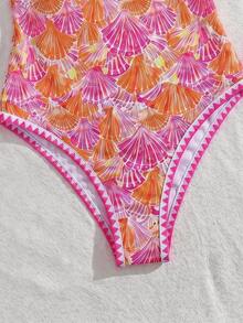 SHEIN Swim 夏季新款歐美風性感高衩紅色幸運魚印花拼接細肩帶貝殼飾邊甜美小胸聚攏雙肩帶連身泳衣，適合女性與女孩，修身顯瘦，適用溫泉、海灘、度假、生日派對 - 彩色 - 查看 6