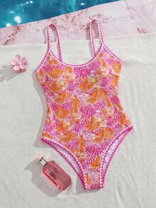SHEIN Swim 夏季新款歐美風性感高衩紅色幸運魚印花拼接細肩帶貝殼飾邊甜美小胸聚攏雙肩帶連身泳衣，適合女性與女孩，修身顯瘦，適用溫泉、海灘、度假、生日派對 - 彩色 - 查看 3