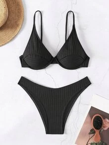 SHEIN Swim Women's Sexy Black Ribbed Bikini Set With Spaghetti Straps High Cut Bottom - Black - View 3