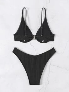 SHEIN Swim Women's Sexy Black Ribbed Bikini Set With Spaghetti Straps High Cut Bottom - Black - View 2