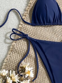 Swim Mod 女款夏季海灘俱樂部純色掛脖綁帶性感比基尼三角泳褲泳衣套裝 海軍藍 - 藏蓝色 - 查看 4