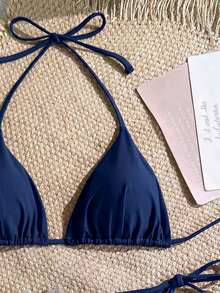 Swim Mod 女款夏季海灘俱樂部純色掛脖綁帶性感比基尼三角泳褲泳衣套裝 海軍藍 - 藏蓝色 - 查看 5
