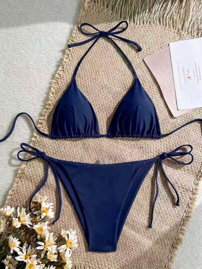 SHEIN Swim Women's Summer Beach Club Solid Color Halter Tie Sexy Bikini And Triangle Panty Swimwear Set Navy Blue