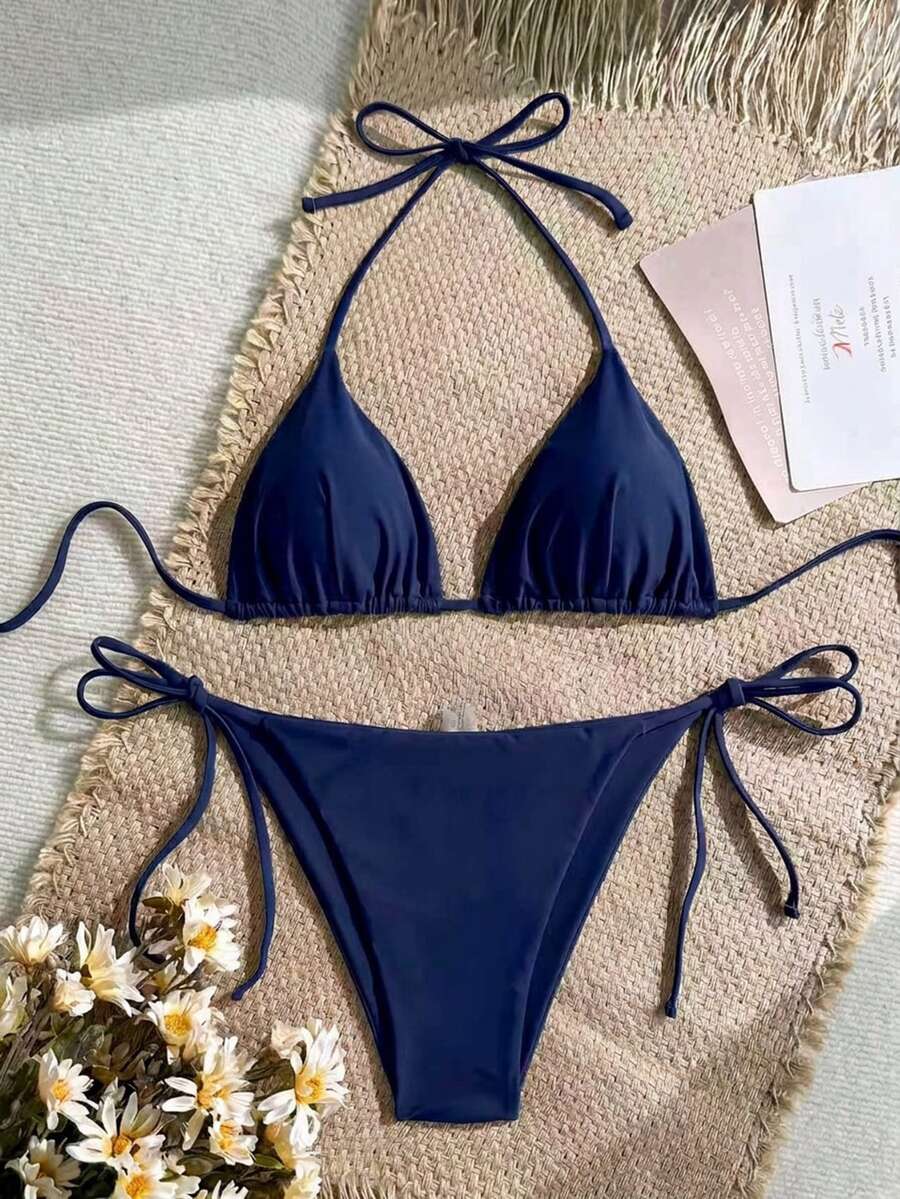 Swim Mod 女款夏季海灘俱樂部純色掛脖綁帶性感比基尼三角泳褲泳衣套裝 海軍藍