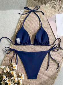 Swim Mod 女款夏季海灘俱樂部純色掛脖綁帶性感比基尼三角泳褲泳衣套裝 海軍藍 - 藏蓝色 - 查看 3