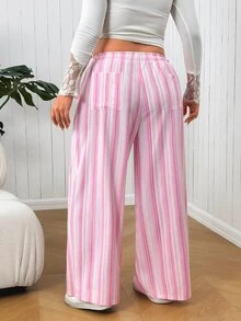 SHEIN EZwear Celana Panjang Kasual Bergaris untuk Wanita Ukuran Plus dengan Tali Serut di Pinggang, Cocok untuk Sehari-hari - MultiWarna - View 2