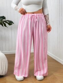 SHEIN EZwear Celana Panjang Kasual Bergaris untuk Wanita Ukuran Plus dengan Tali Serut di Pinggang, Cocok untuk Sehari-hari - MultiWarna - View 4
