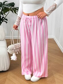 SHEIN EZwear Celana Panjang Kasual Bergaris untuk Wanita Ukuran Plus dengan Tali Serut di Pinggang, Cocok untuk Sehari-hari - MultiWarna - View 5