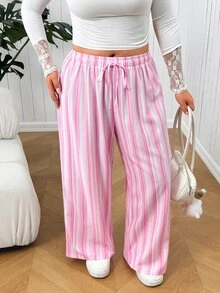SHEIN EZwear Celana Panjang Kasual Bergaris untuk Wanita Ukuran Plus dengan Tali Serut di Pinggang, Cocok untuk Sehari-hari - MultiWarna - View 8