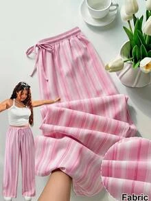 SHEIN EZwear Celana Panjang Kasual Bergaris untuk Wanita Ukuran Plus dengan Tali Serut di Pinggang, Cocok untuk Sehari-hari - MultiWarna - View 7