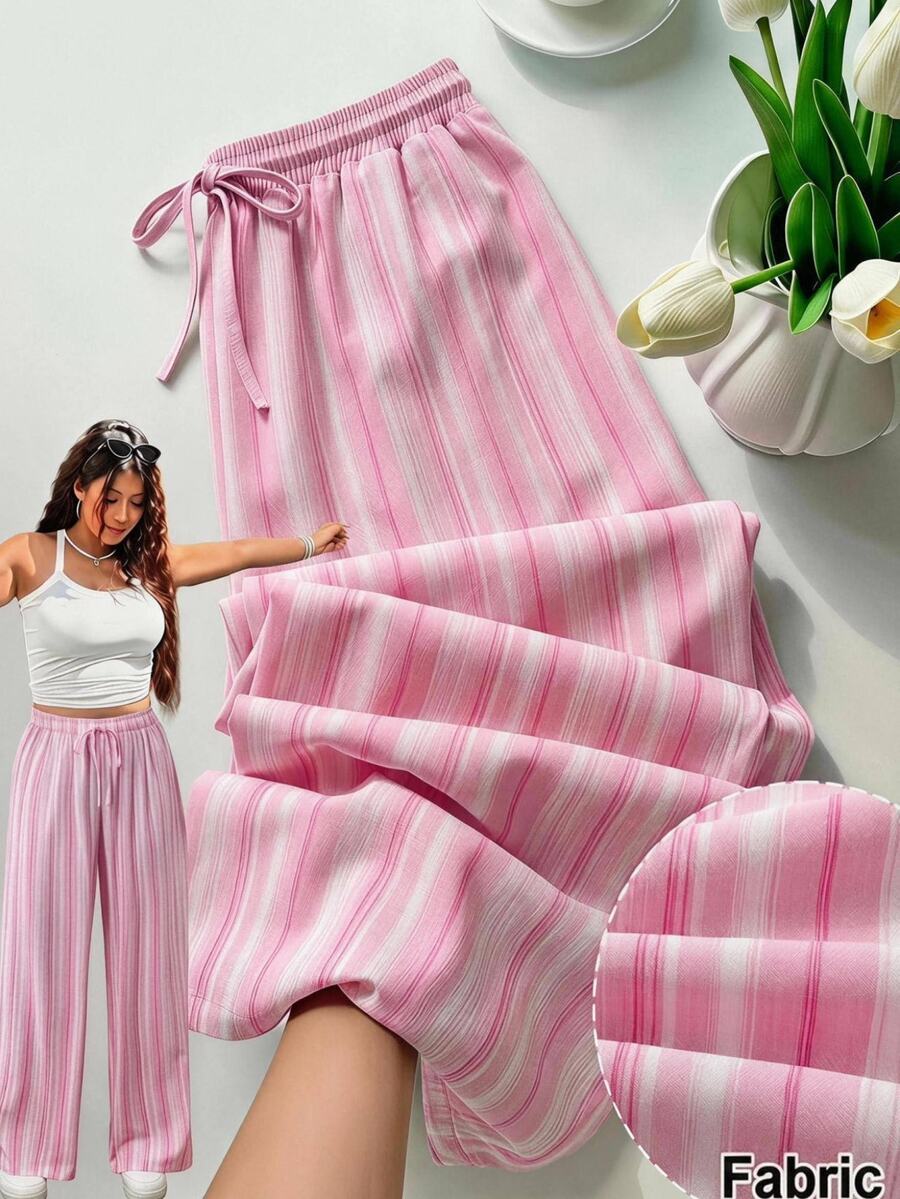 SHEIN EZwear Celana Panjang Kasual Bergaris untuk Wanita Ukuran Plus dengan Tali Serut di Pinggang, Cocok untuk Sehari-hari - MultiWarna - View 1