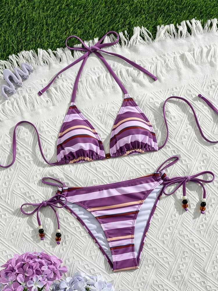 Swim Vcay Summer Vacation Sexy Tropical Purple Beaded Halter Backless Triangle Cup Bikini Set Beach - Multicolor - View 2