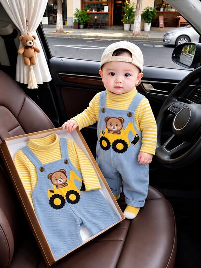 Souflis Souflis 2Pcs Baby Boy Cartoon Bear & Excavator Embroidered Corduroy Overalls Set, Striped High Neck Pullover Long Sleeve Top, Korean Cute Style Funny Animal Embroidery, Autumn Winter Outfits