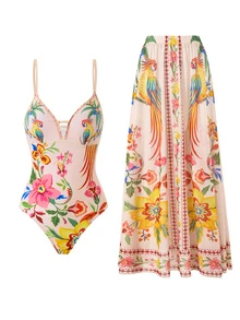 Swim Oasis 新款波西米亚风印花连体泳衣，网纱拼接，女士款，春夏款 - 彩色 - 查看 3