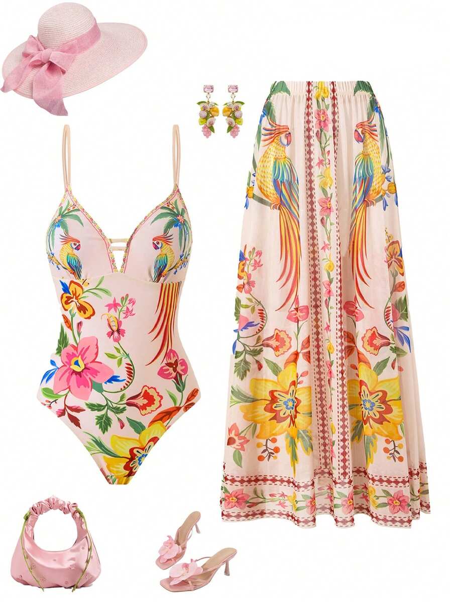 Swim Oasis 新款波西米亚风印花连体泳衣,网纱拼接,女士款,春夏款 - 彩色 - 查看 1
