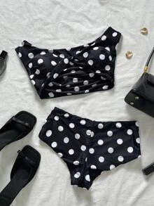 SHEIN Swim 甜心领波点印花柔软面料扭扣罩杯可爱比基尼泳装 - 藏蓝色 - 查看 5