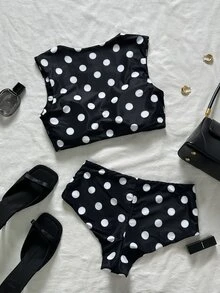 SHEIN Swim 甜心领波点印花柔软面料扭扣罩杯可爱比基尼泳装 - 藏蓝色 - 查看 7