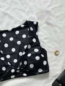 SHEIN Swim 甜心领波点印花柔软面料扭扣罩杯可爱比基尼泳装 - 藏蓝色 - 查看 8